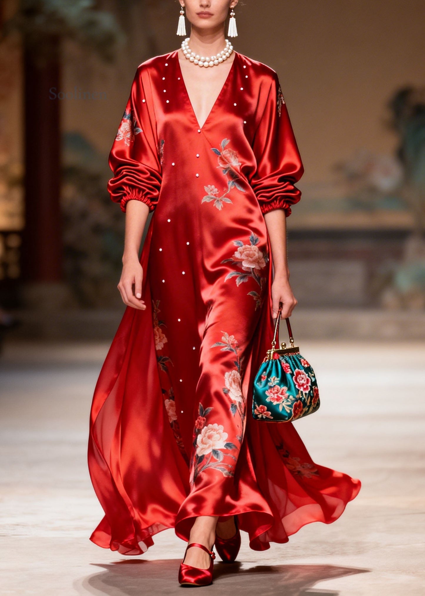Boutique Red V Neck Nail Bead Print Silk Robe Dresses Summer
