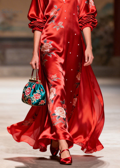 Boutique Red V Neck Nail Bead Print Silk Robe Dresses Summer