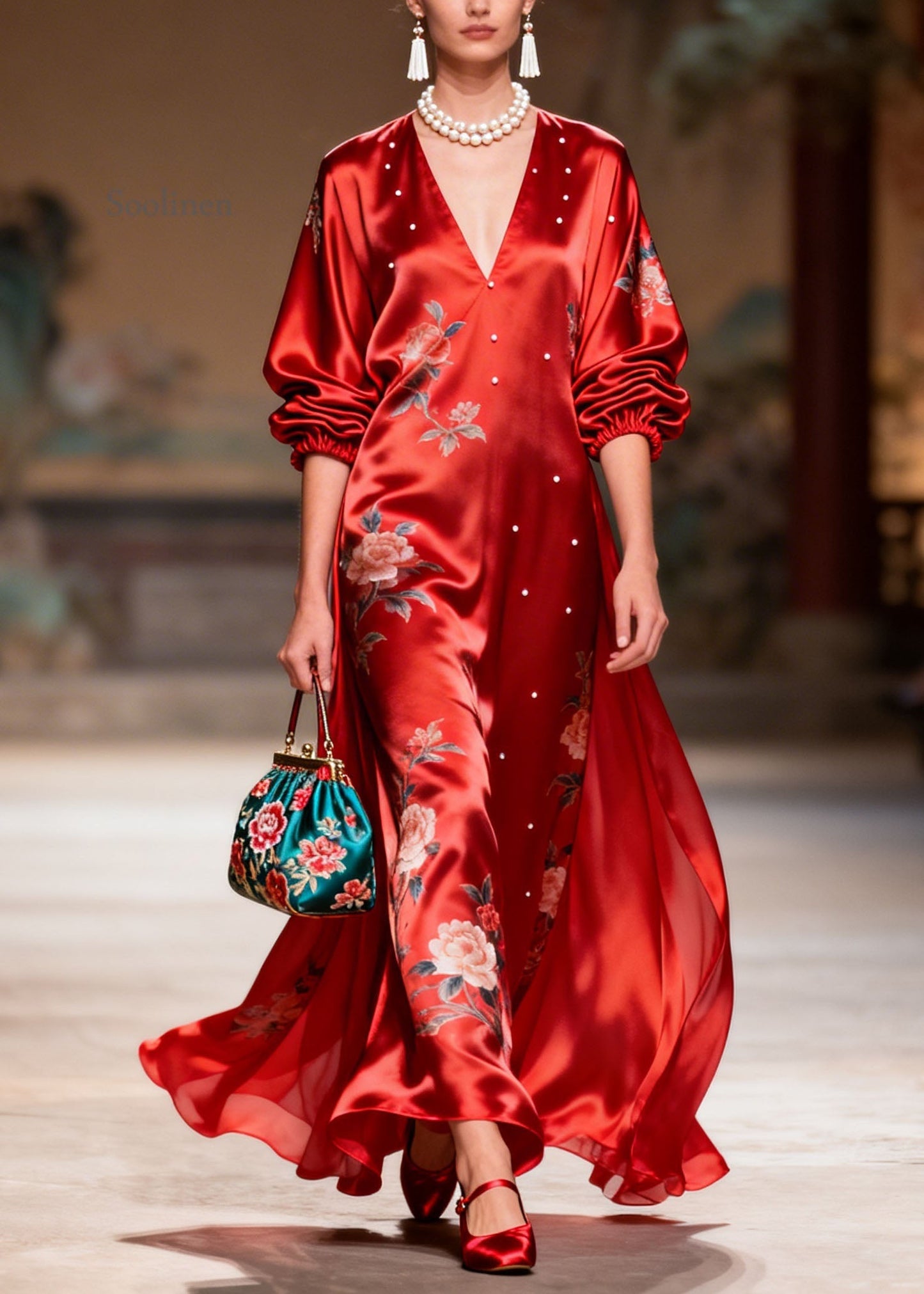 Boutique Red V Neck Nail Bead Print Silk Robe Dresses Summer