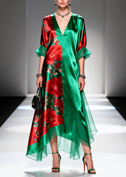 Boutique Tea Green Oversized Print Silk Long Dress Summer