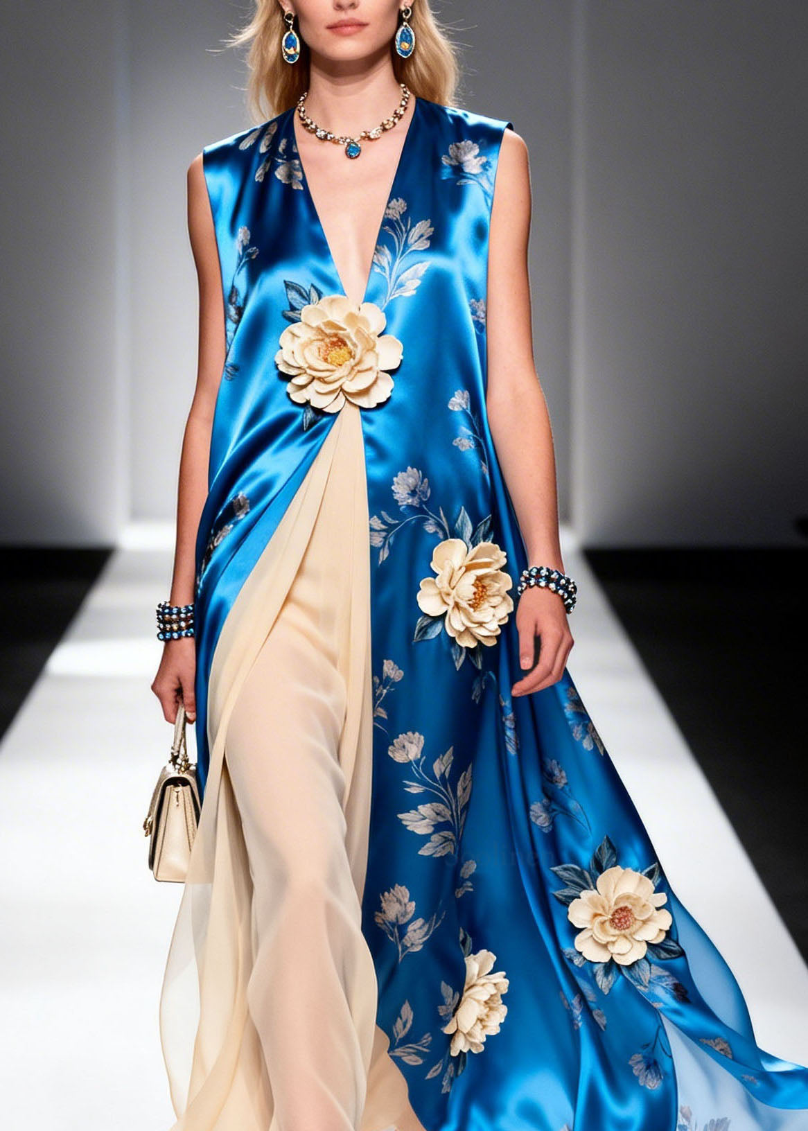Boutique V Neck Floral Patchwork Chiffon Long Dress Summer