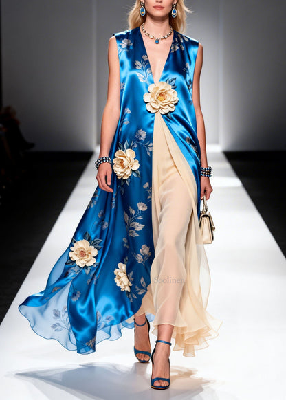 Boutique V Neck Floral Patchwork Chiffon Long Dress Summer
