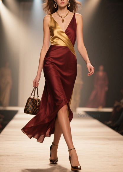 Boutique V Neck Patchwork Silk Spaghetti Strap Dress Summer