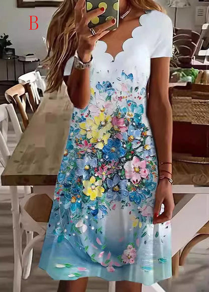 Boutique V Neck Print Cotton Mid Dress Summer
