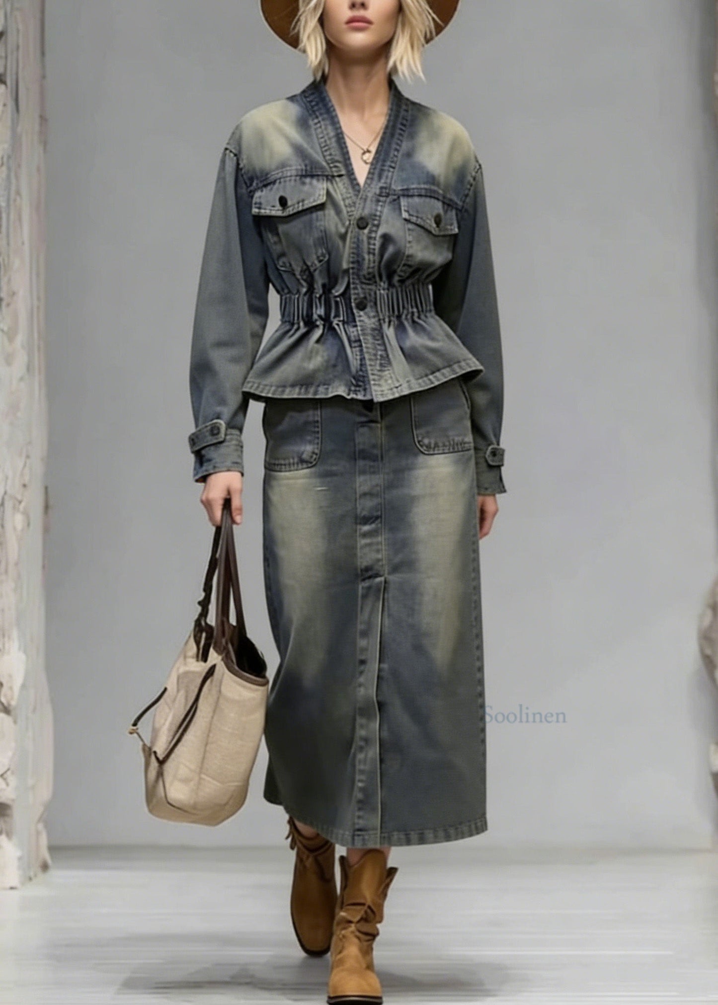 Boutique V Neck Wrinkled Denim Two Piece Set Women Clothing Spring