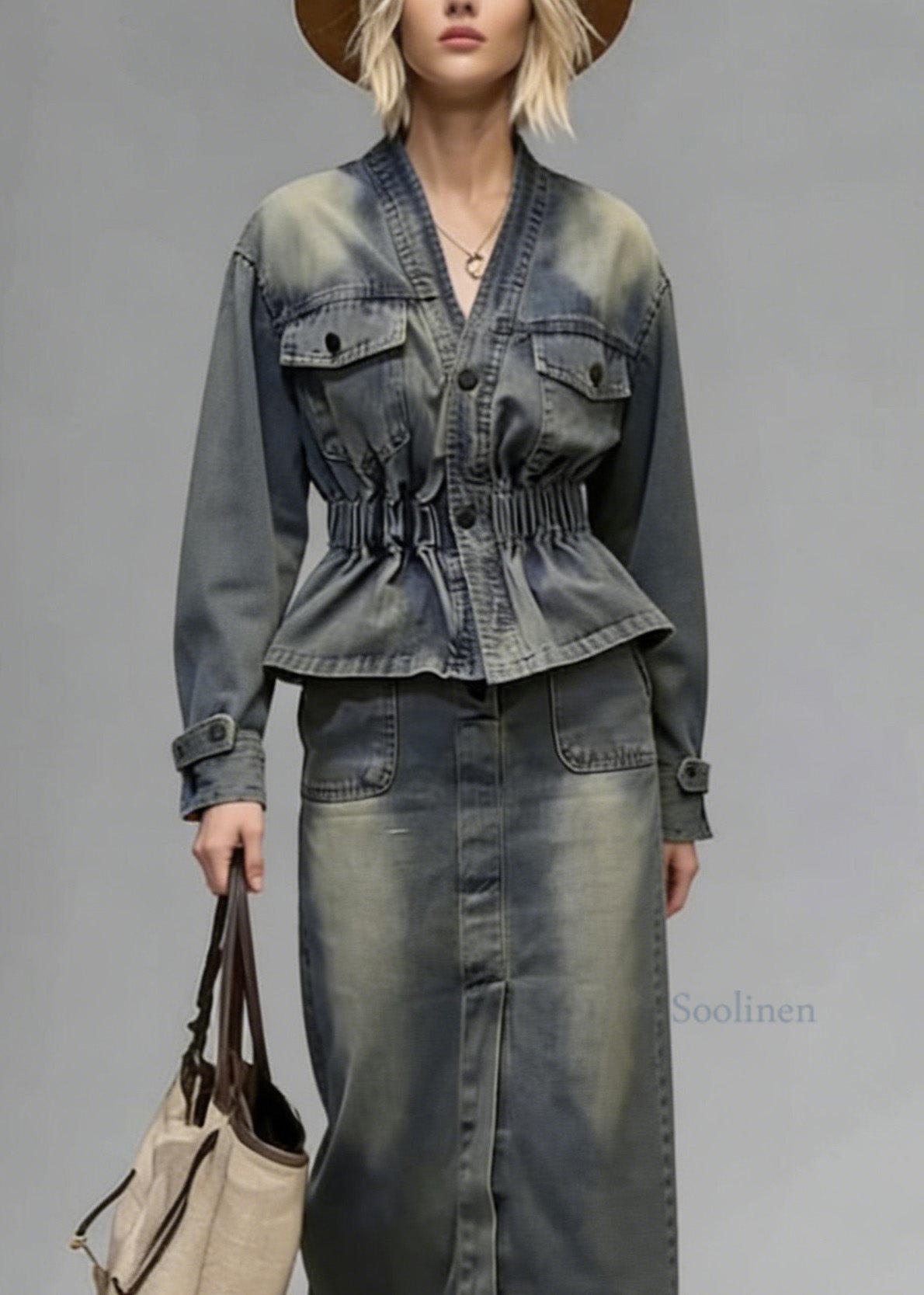 Boutique V Neck Wrinkled Denim Two Piece Set Women Clothing Spring