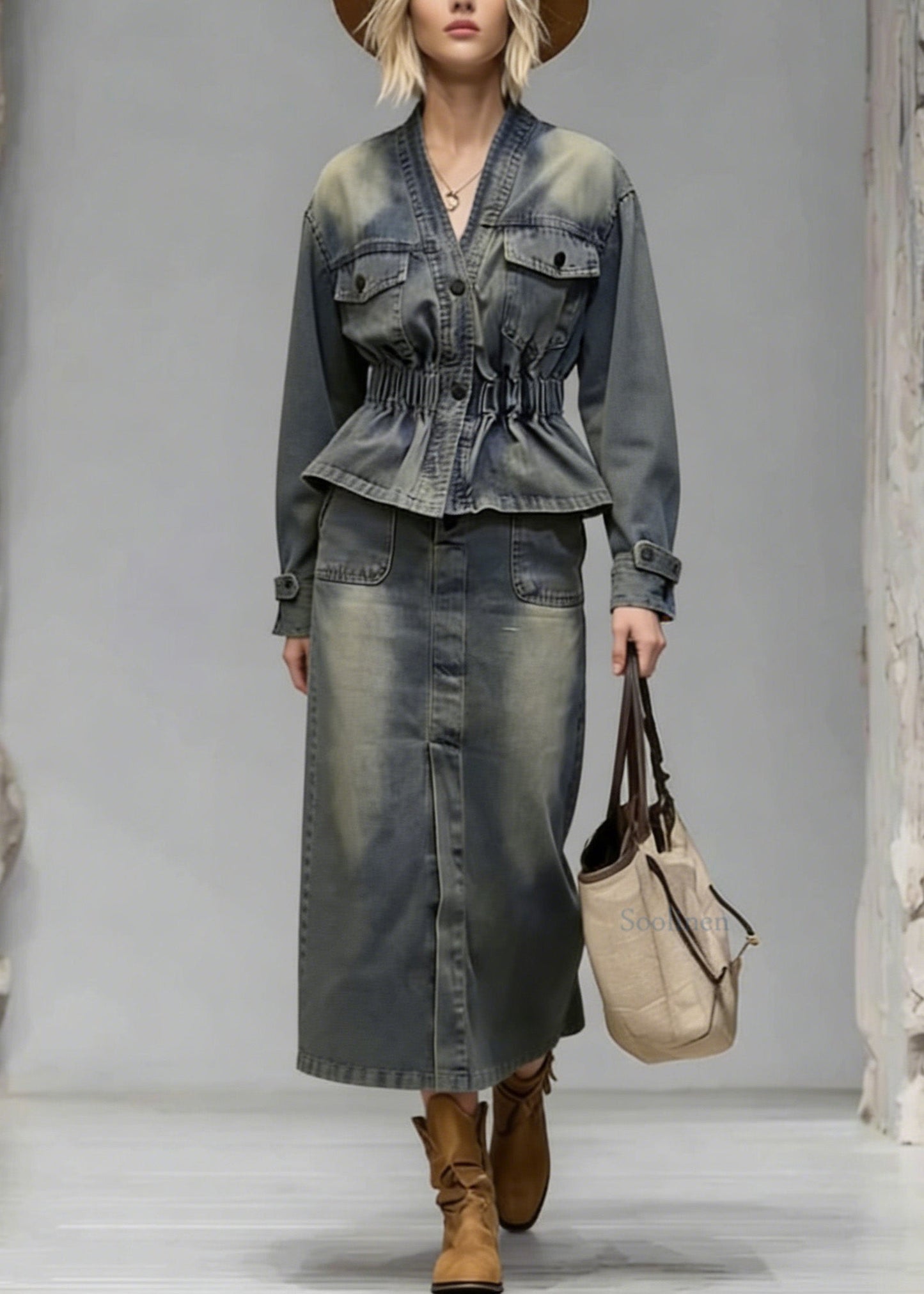 Boutique V Neck Wrinkled Denim Two Piece Set Women Clothing Spring