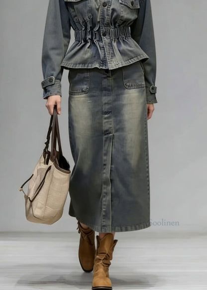 Boutique V Neck Wrinkled Denim Two Piece Set Women Clothing Spring