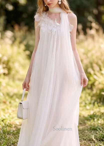 Boutique White Floral Nail Bead Tulle Long Dress Summer