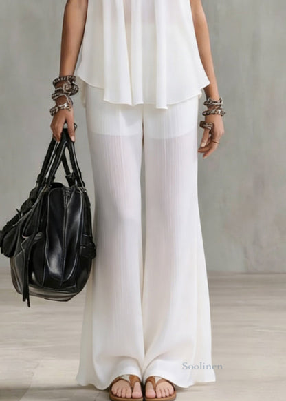Boutique White V Neck Solid Tops And Wide Leg Pants Chiffon Two Pieces Set Summer