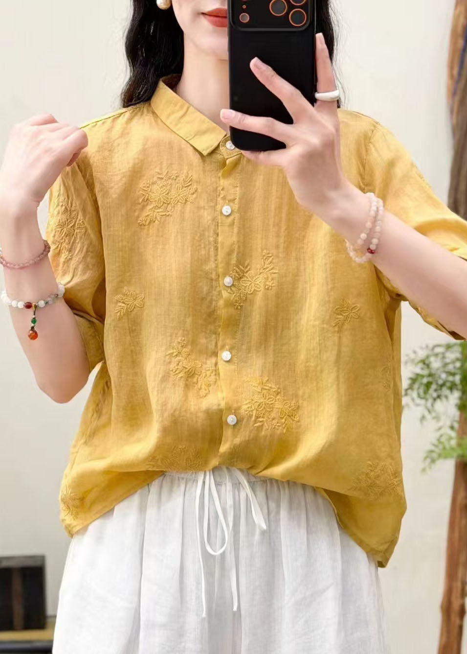 Boutique Yellow Embroidered Linen Loose Shirts Summer