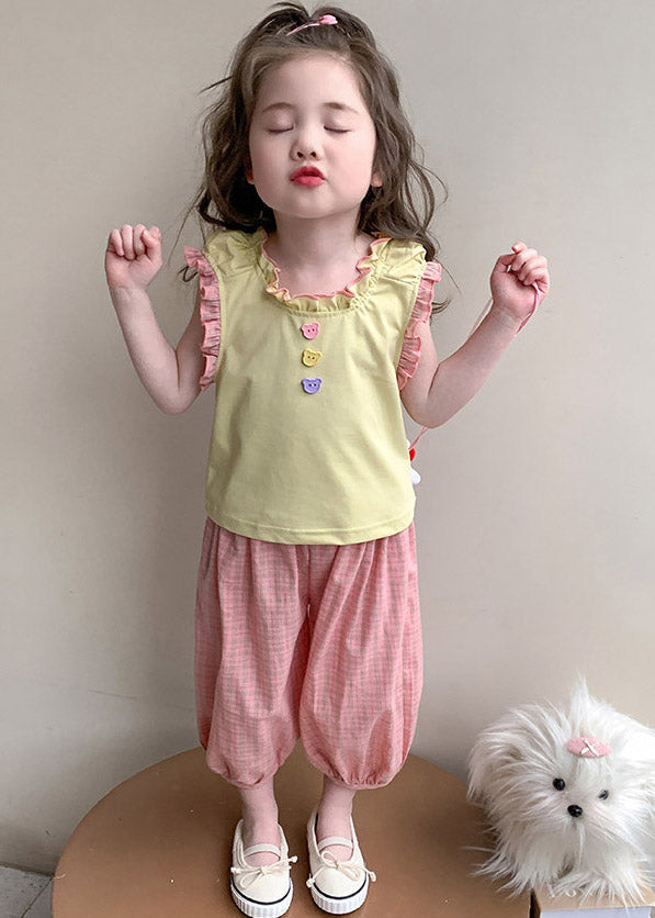 Boutique Yellow O-Neck Kids Vest And Lantern Pants Two Piece Set Sleeveless