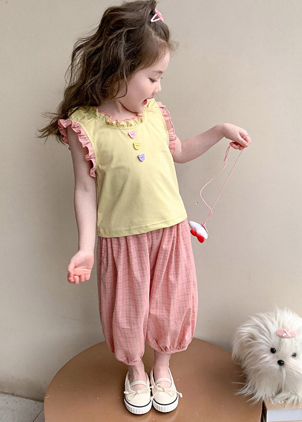 Boutique Yellow O-Neck Kids Vest And Lantern Pants Two Piece Set Sleeveless
