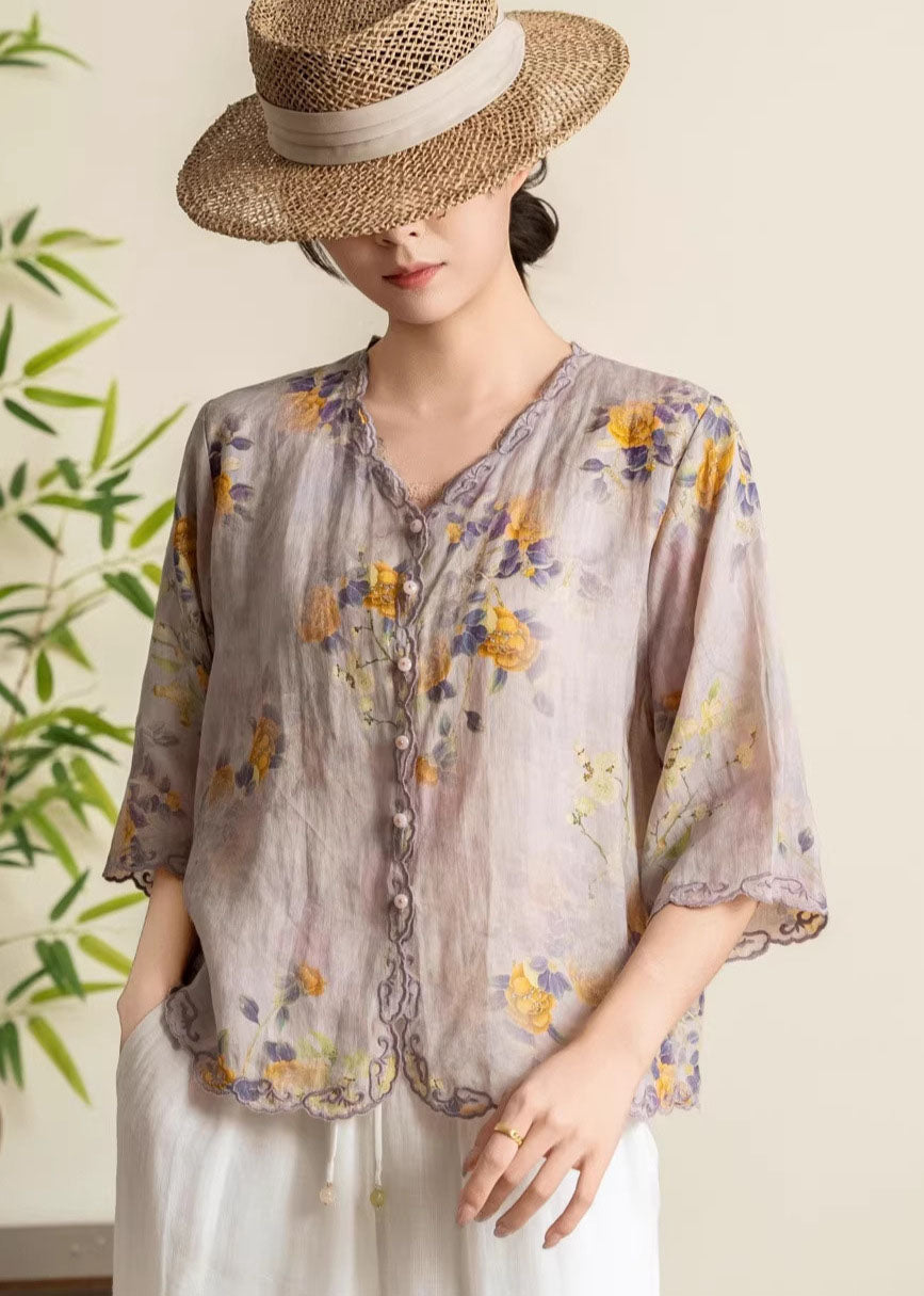 Boutique Yellow V Neck Embroidered Linen Blouses Summer