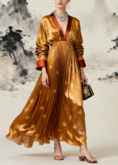Boutique Yellow V Neck Jacquard Wrinkled Silk Maxi Dress Long Sleeve