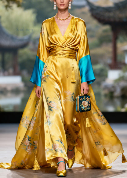 Boutique Yellow V Neck Tassel Jacquard Patchwork Silk Dress
