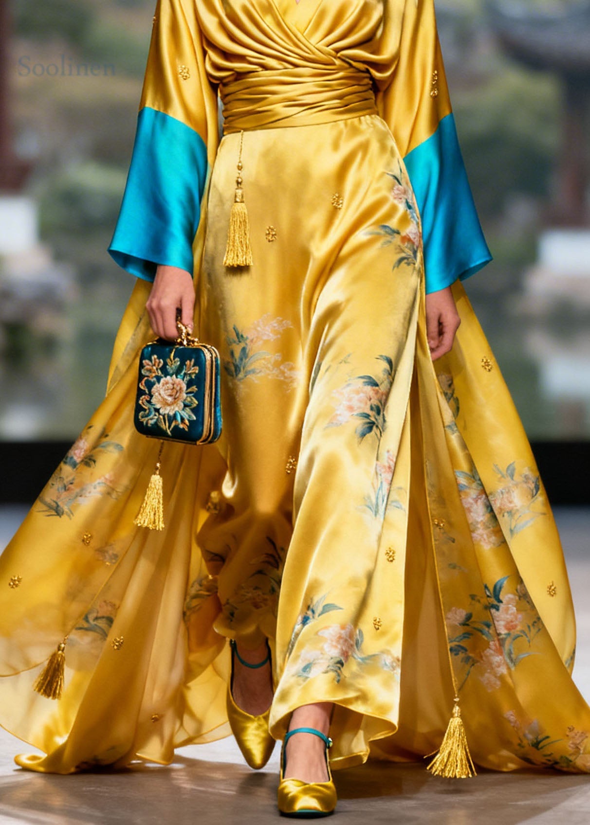 Boutique Yellow V Neck Tassel Jacquard Patchwork Silk Dress