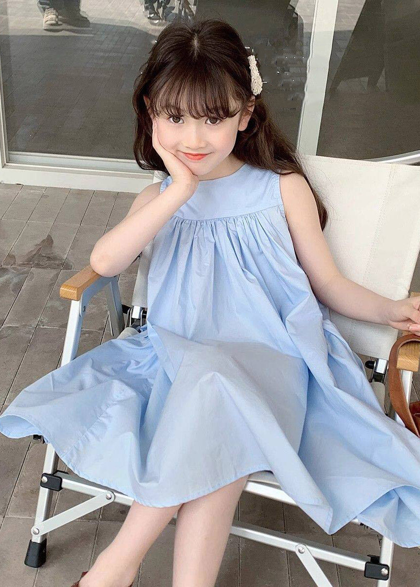 Brief Blue O-Neck Patchwork Kids Long Dresses Sleeveless