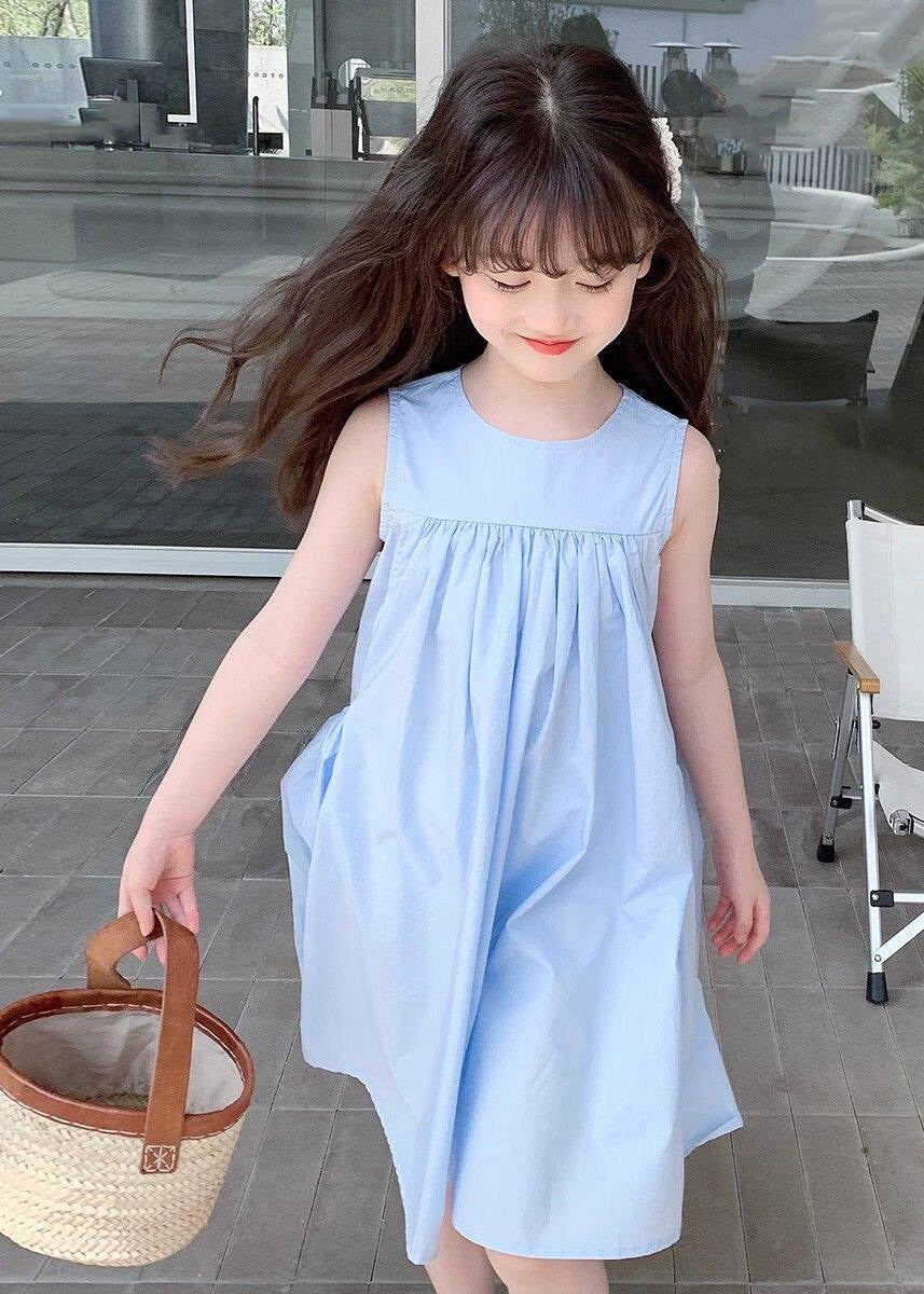 Brief Blue O-Neck Patchwork Kids Long Dresses Sleeveless