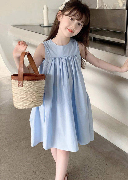 Brief Blue O-Neck Patchwork Kids Long Dresses Sleeveless