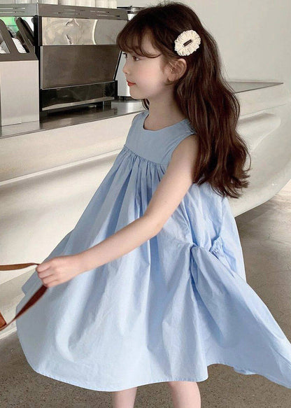 Brief Blue O-Neck Patchwork Kids Long Dresses Sleeveless