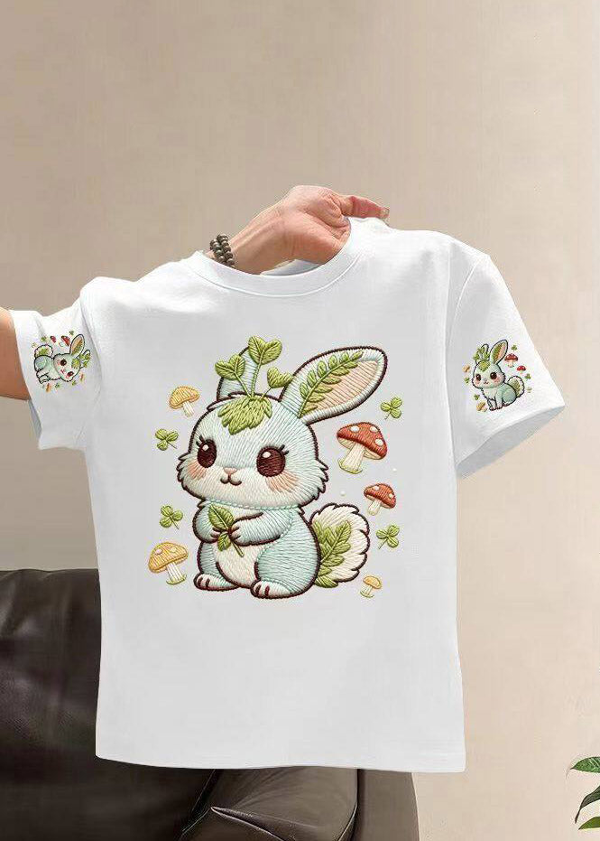 Brief White O-Neck Cartoon Print Girls Tops Summer