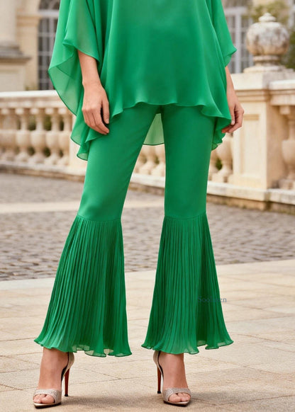 Bright Green Solid Tops And Wrinkled Bell Bottom Trousers Two Piece Set O Neck Spring