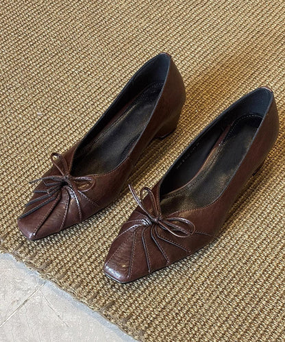 Brown Bow Splicing Sheepskin Chunky Shoes For Women