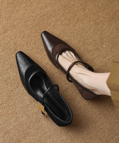 Brown Buckle Strap Splicing Faux Leather Pointed Toe Shoes