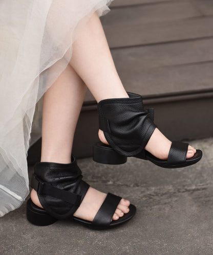 Brown Cowhide Leather Splicing Sandals Hollow Out Peep Toe