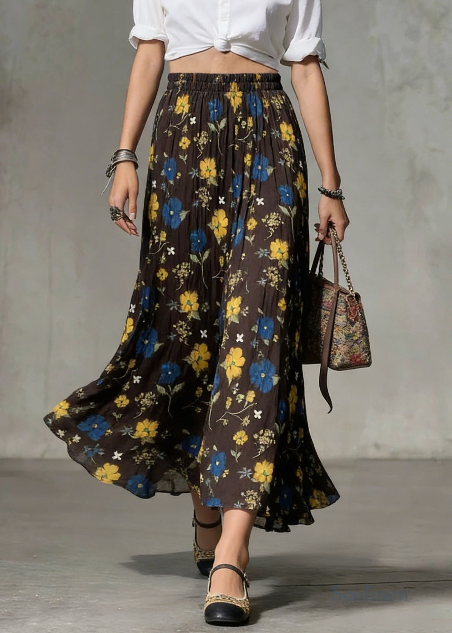 Brown Print Cotton Holiday Skirt Oversized Exra Large Hem Spring