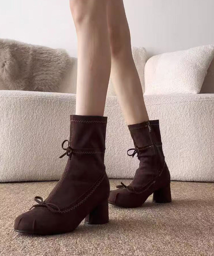 Brown Suede Chic Bow Splicing Boots