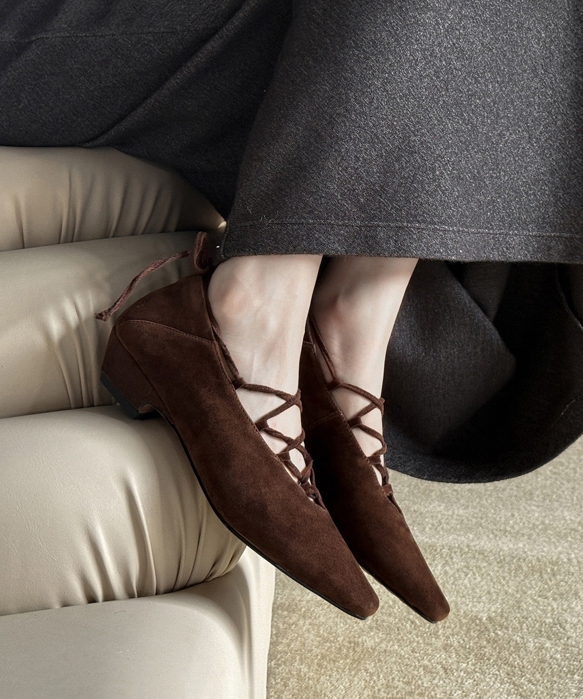 Brown Suede Cross Strap Splicing French Chunky Shoes