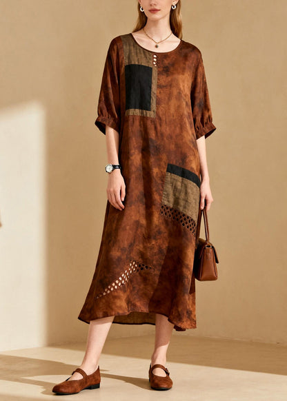 Brown Tie Dye Cotton Long Dress Hollow Out Summer