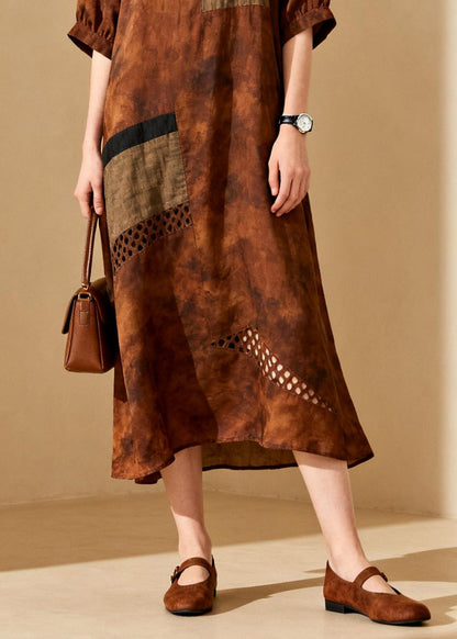 Brown Tie Dye Cotton Long Dress Hollow Out Summer