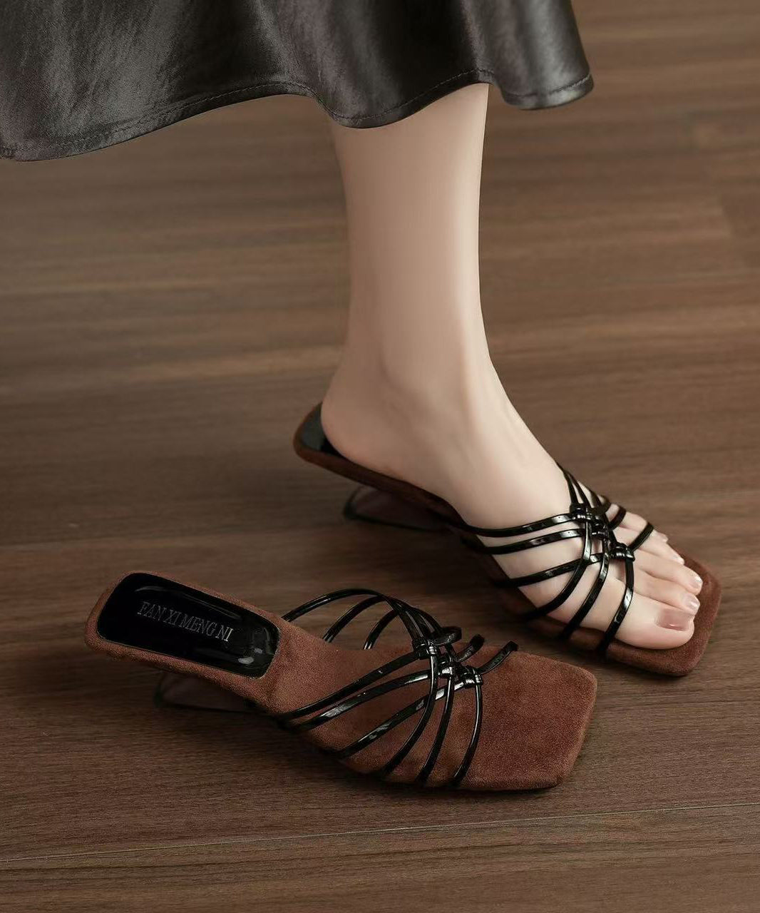 Brown Wedge Faux Leather Art Black Flip Flops