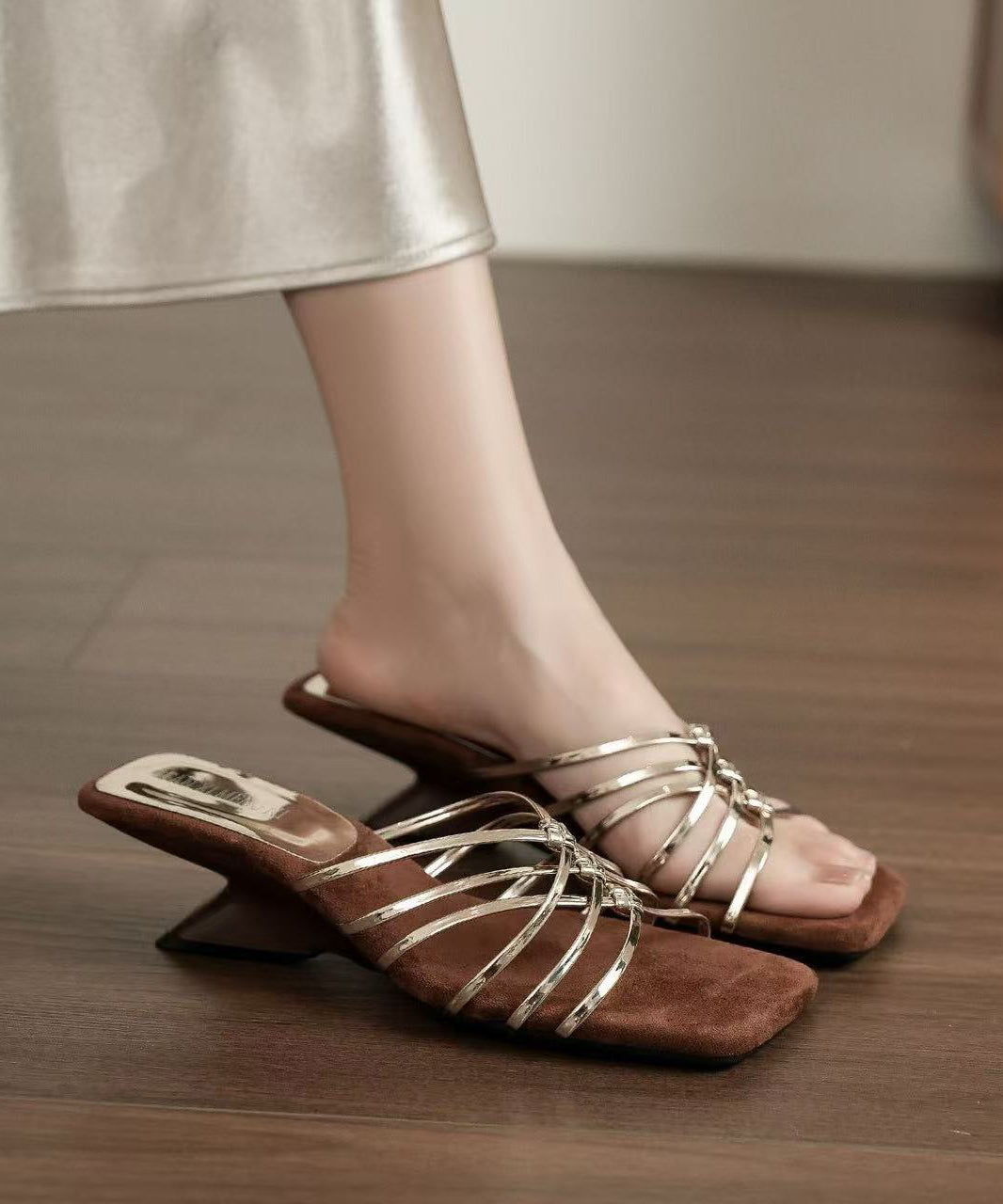 Brown Wedge Faux Leather Art Black Flip Flops