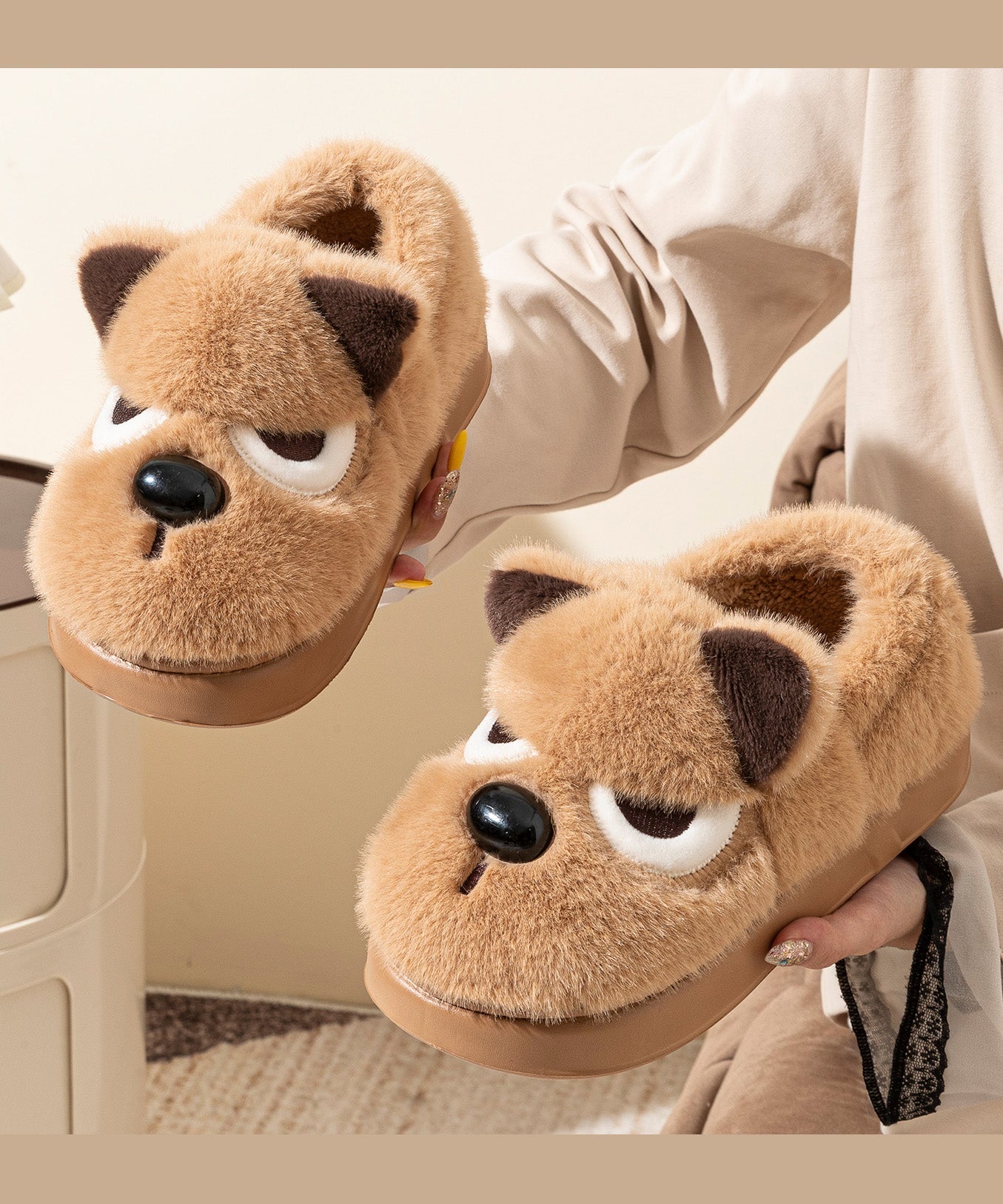 Brown Women Splicing Cartoon Fuzzy Fur Flat Feet Shoes