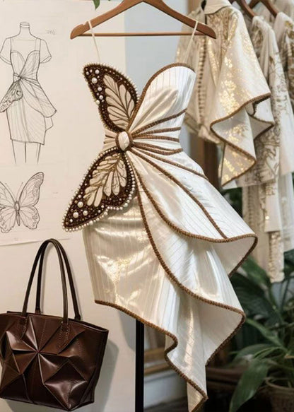 Butterfly Decoration Nail Bead Asymmetrical Dress Design 2025 New