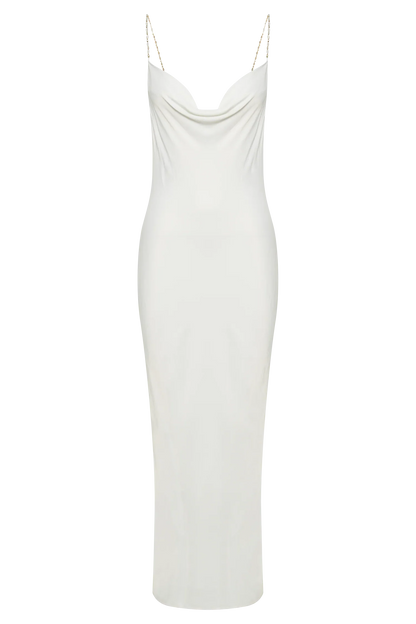 Cowl Midi Dress With Pearl Trim - White