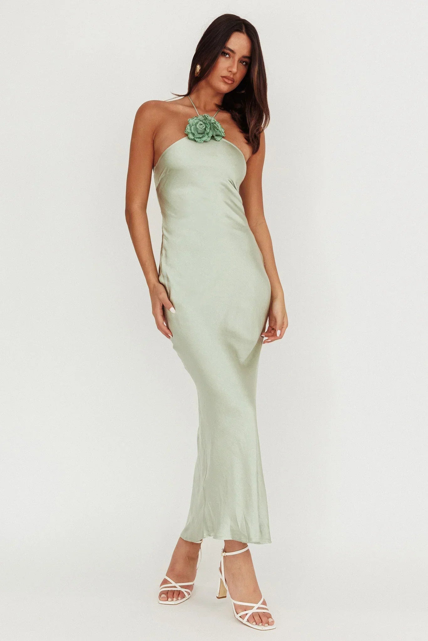 High Roller Flower Decoration Halter Dress Sage