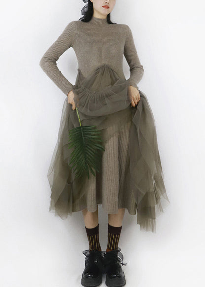 Camel Beige Ruffled Tulle Patchwork Long Sweater Turtleneck
