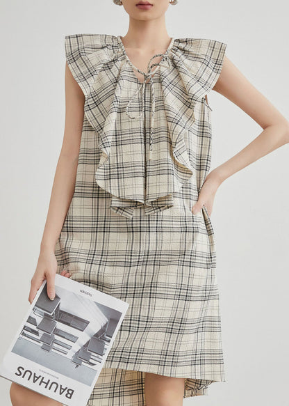 Casual Apricot Ruffled Plaid Cotton Mid Dresses Summer