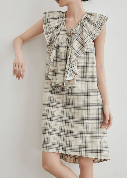 Casual Apricot Ruffled Plaid Cotton Mid Dresses Summer