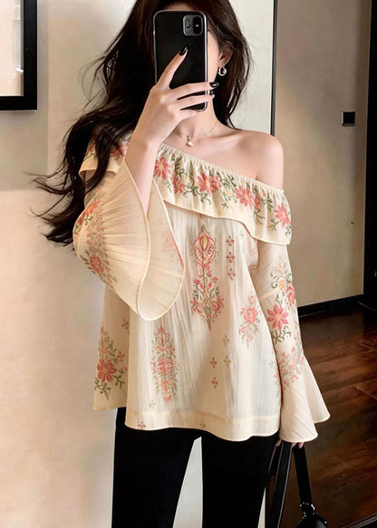 Casual Beige Slash Neck Print Cotton Strapless Blouses Spring