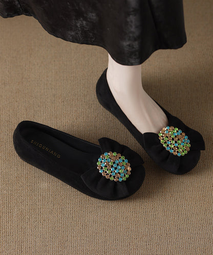 Casual Black Cowhide Leather Flat Shoes For Women