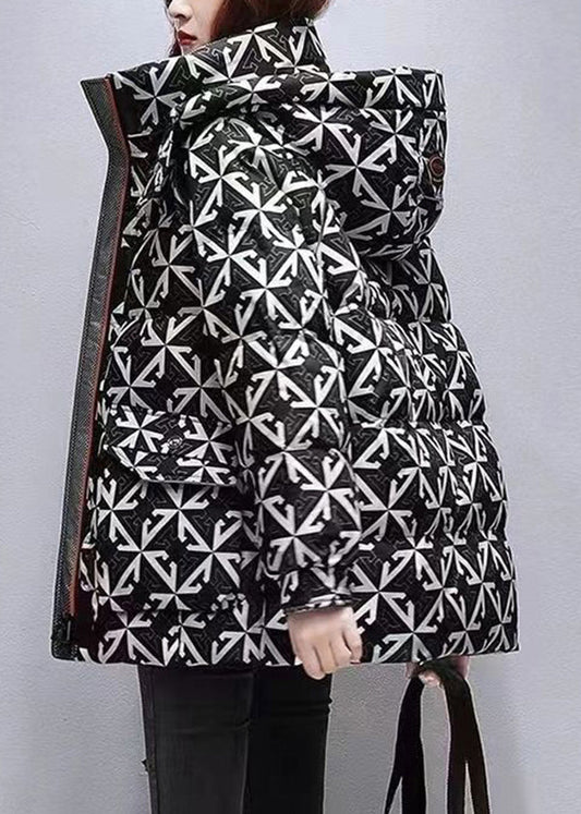 Casual Black Hooded Print Fine Cotton Filled Coats Winter
