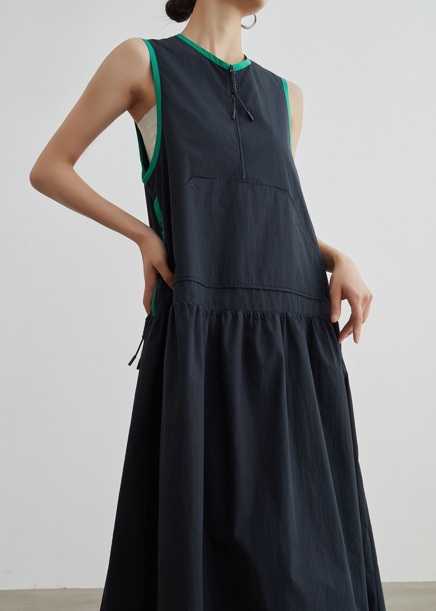 Casual Black O Neck Patchwork Cotton Dress Sleeveless