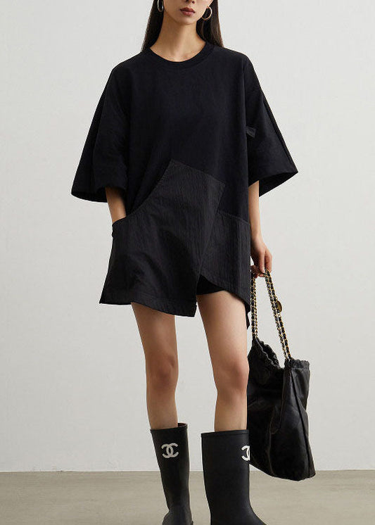 Casual Black O Neck Pockets Patchwork Cotton T Shirt Summer
