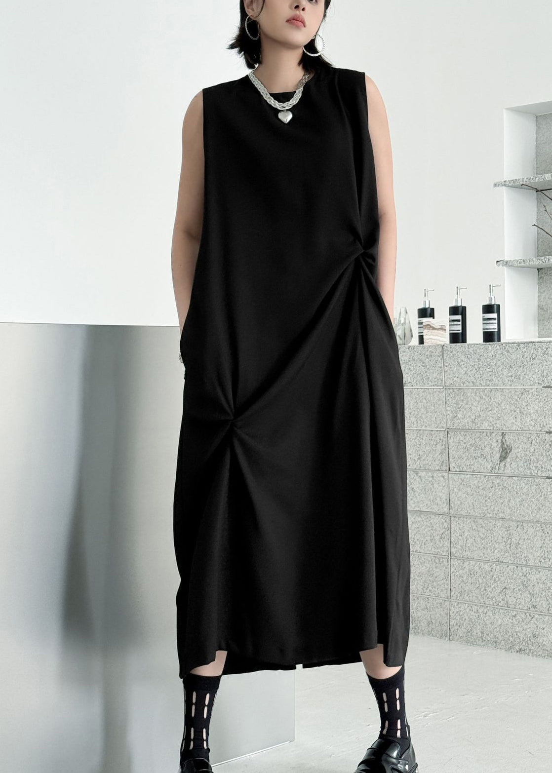 Casual Black O Neck Wrinkled Patchwork Cotton Long Dress Summer